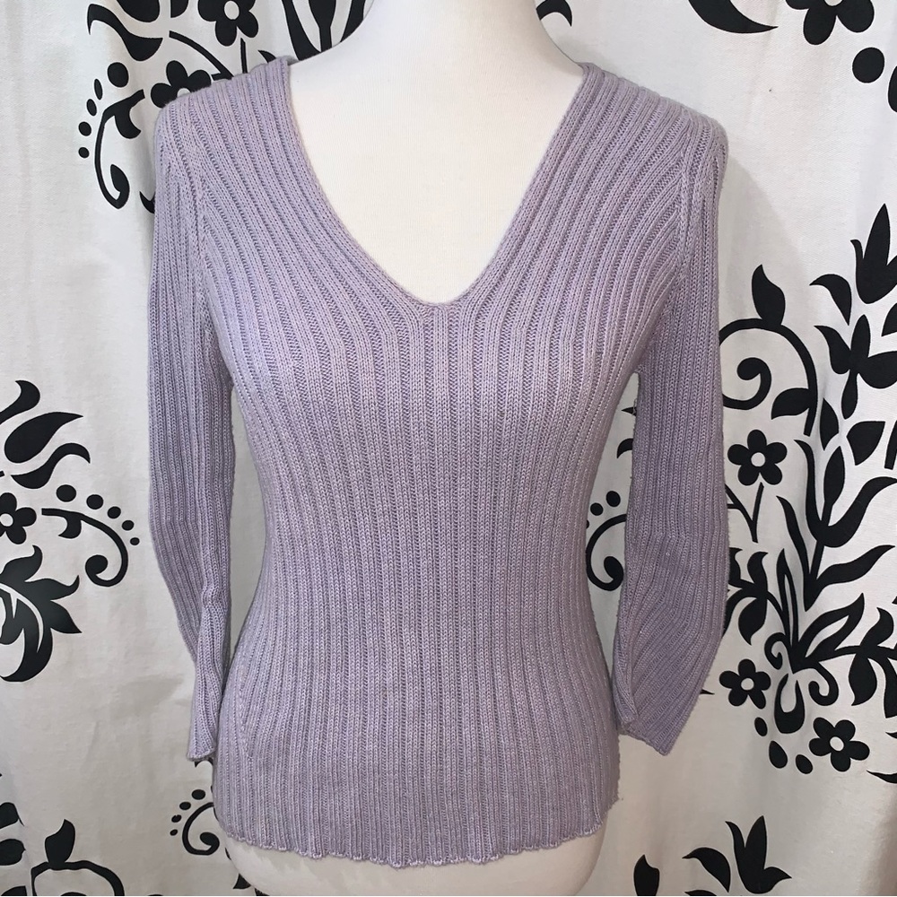 Vtg Banana Republic 3/4 Sleeve Sz Med V-Neck 90s Lavender Ribbed Cotton Sweater